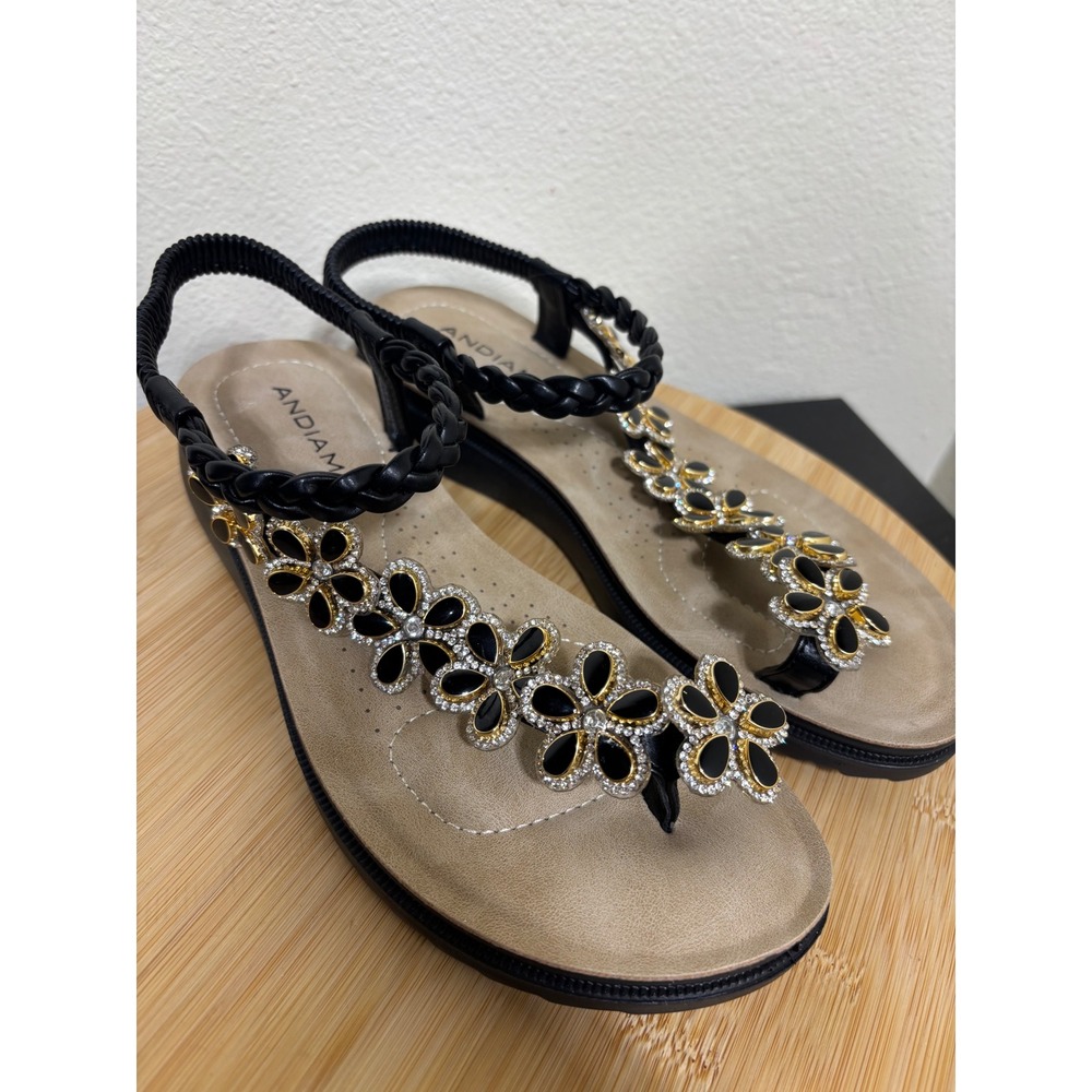 Andiamo Sandals 6.5M Tandem Black Jeweled Flower Braided Slingback - Picture 2 of 8